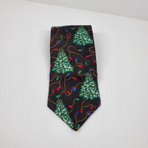 Hallmark Christmas Tree and Outdoor String Lights Silk Necktie Black Tie 58"x4"